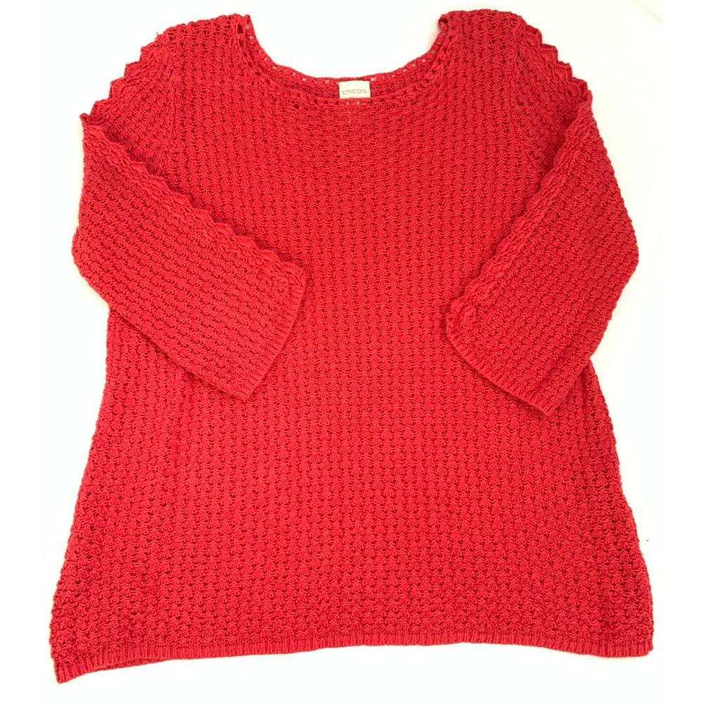 Chicos Womens Tunic Top Orange Tangerine Sz 2 = Lg 12 Fully Crocheted Pullover